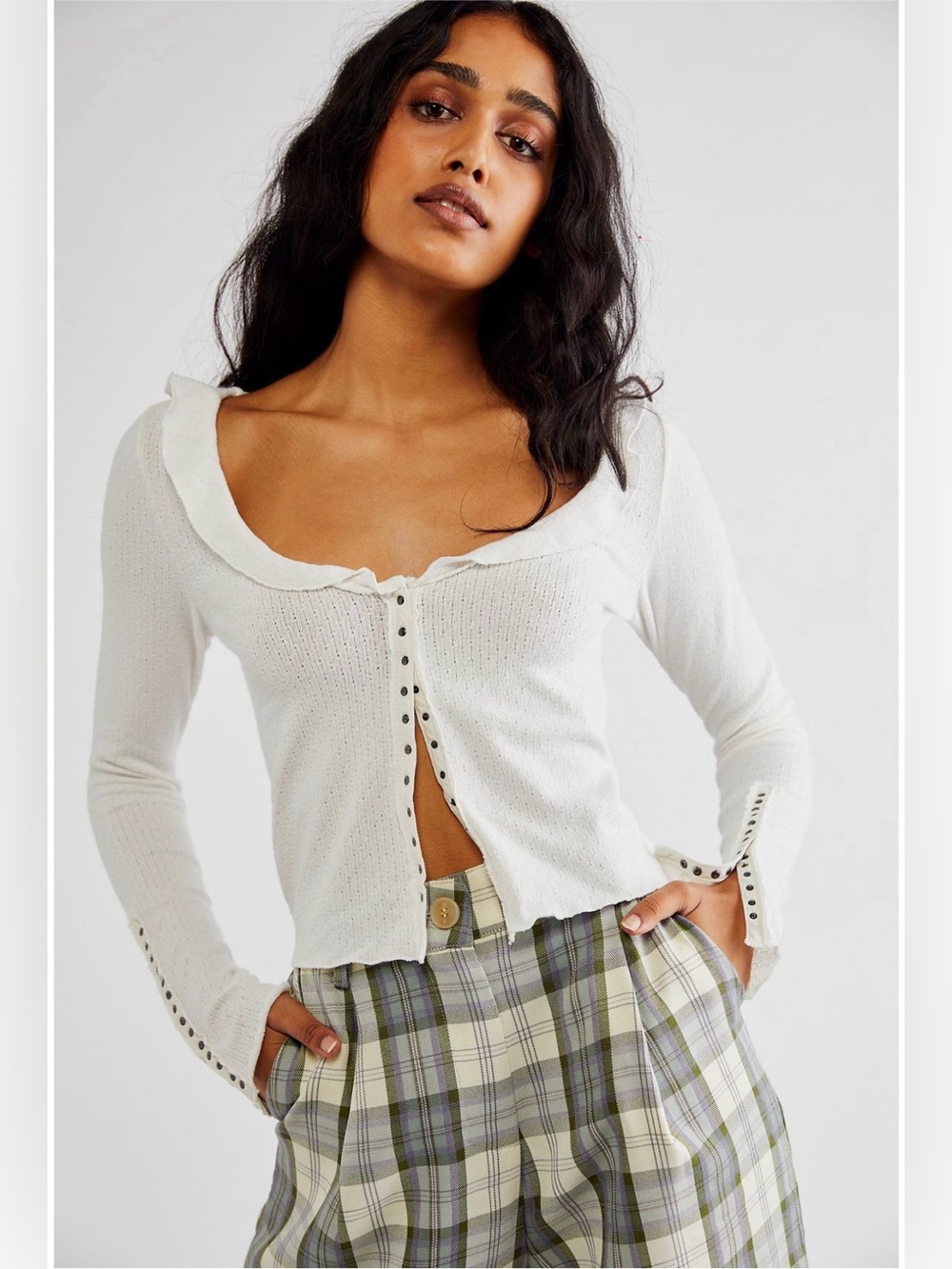 Free People Darling Cardi - Cream Ruffle-Trim Button Cardigan NWT